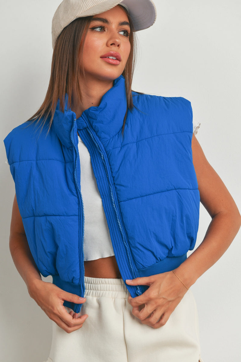 X-girl - HOODED PUFF VEST、スリットスカート ブルー Blue Crop Puff Vest – Jordan Ashleigh