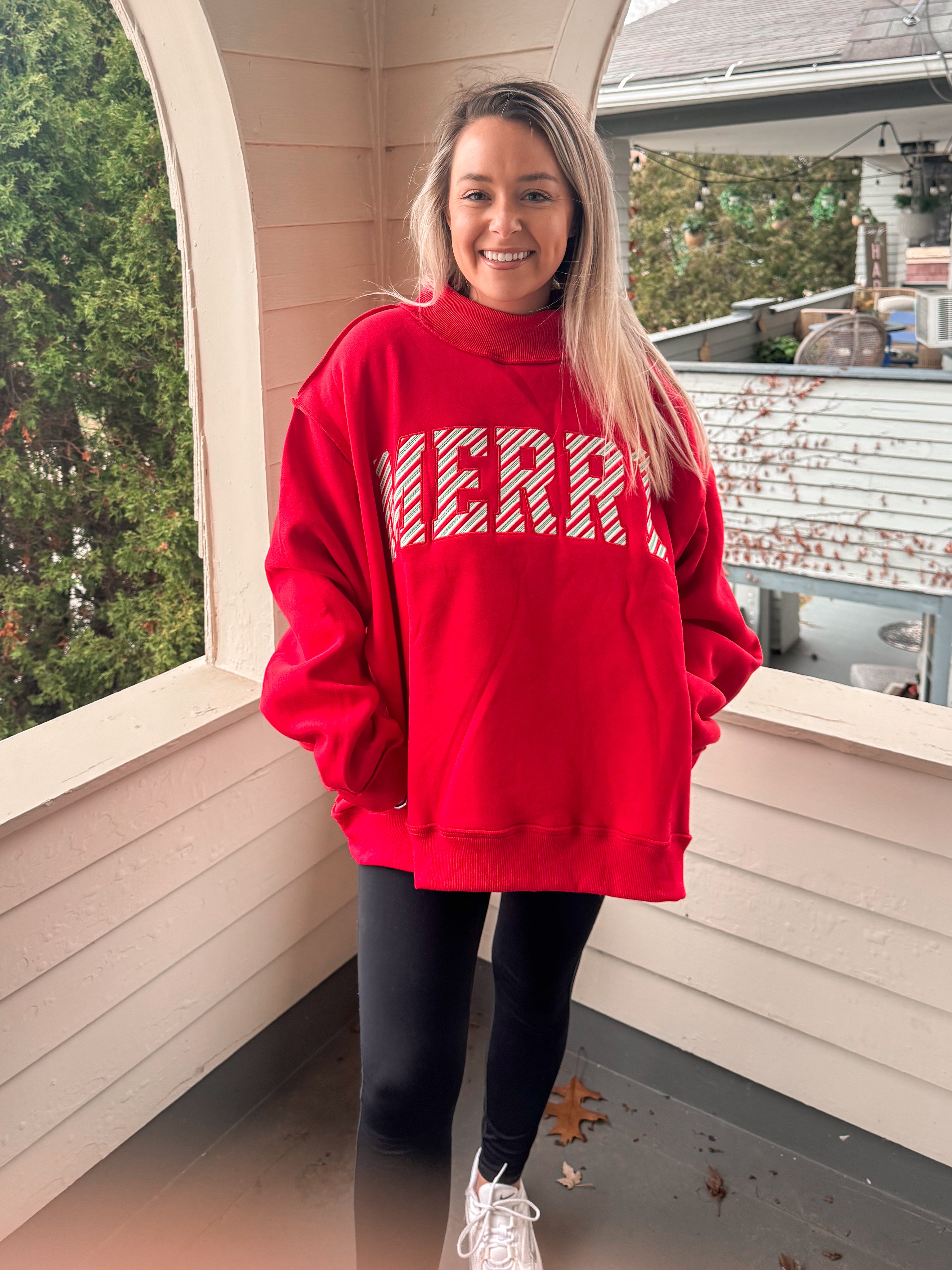 Merry Embroidered Mock Neck Sweatshirt