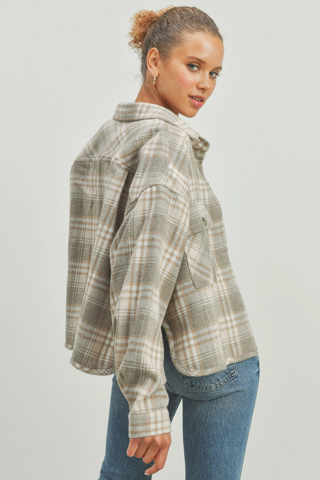 Perry Plaid Cropped Shacket- Grey