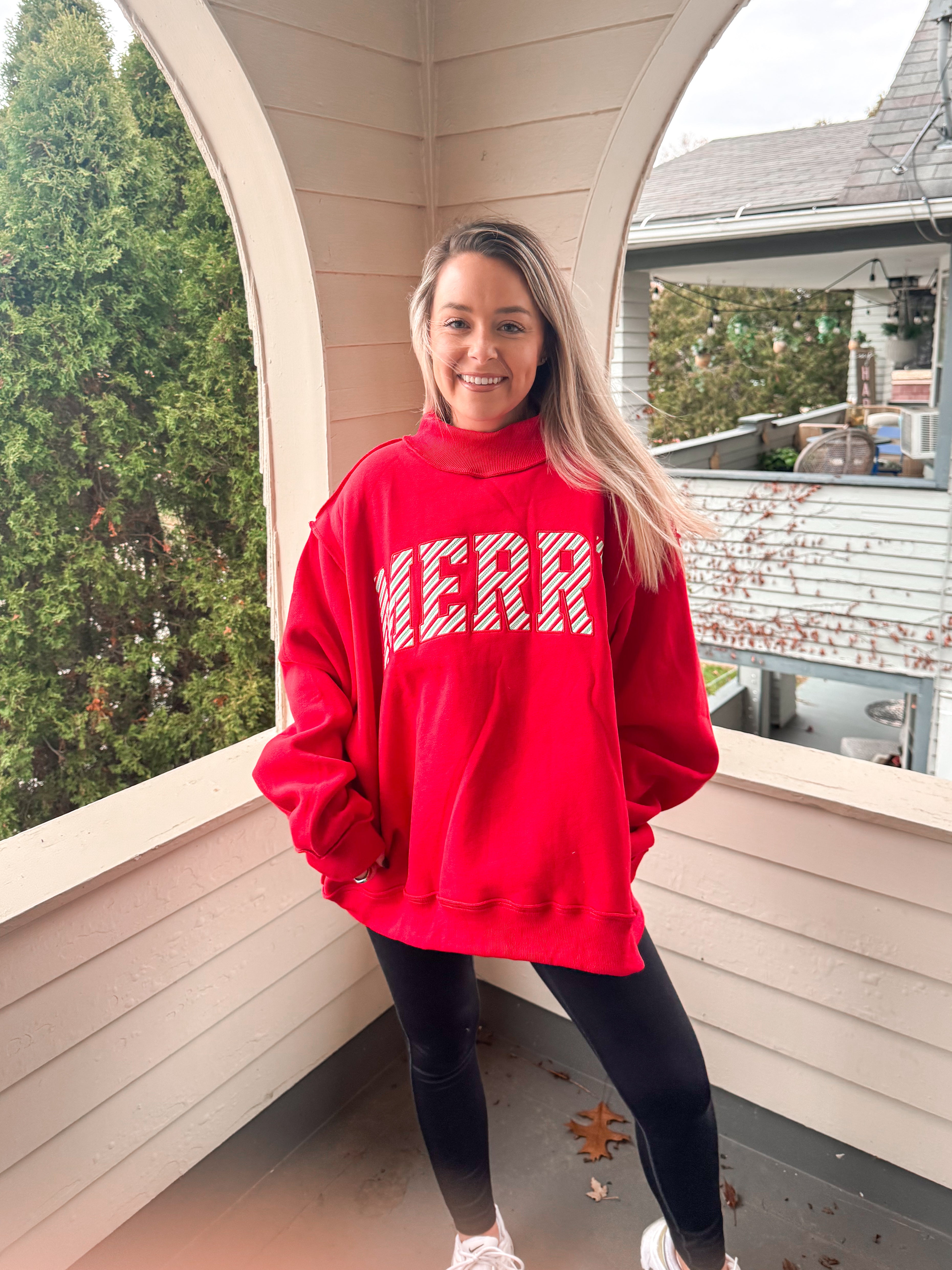 Merry Embroidered Mock Neck Sweatshirt