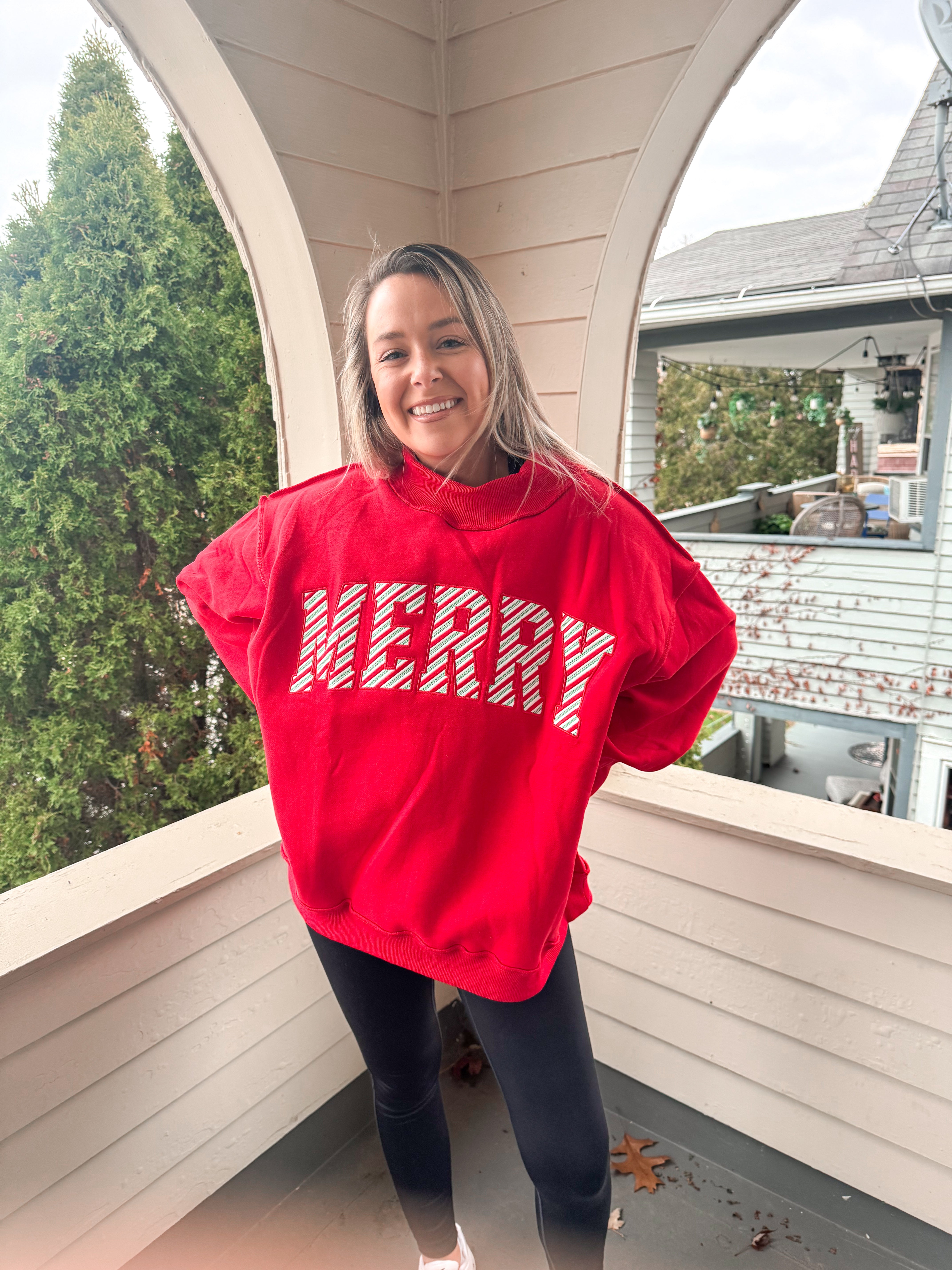 Merry Embroidered Mock Neck Sweatshirt