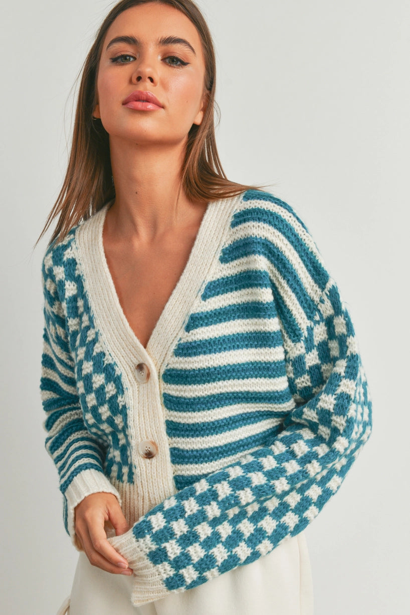 Check My Stripes Cardigan- Teal/Ivory
