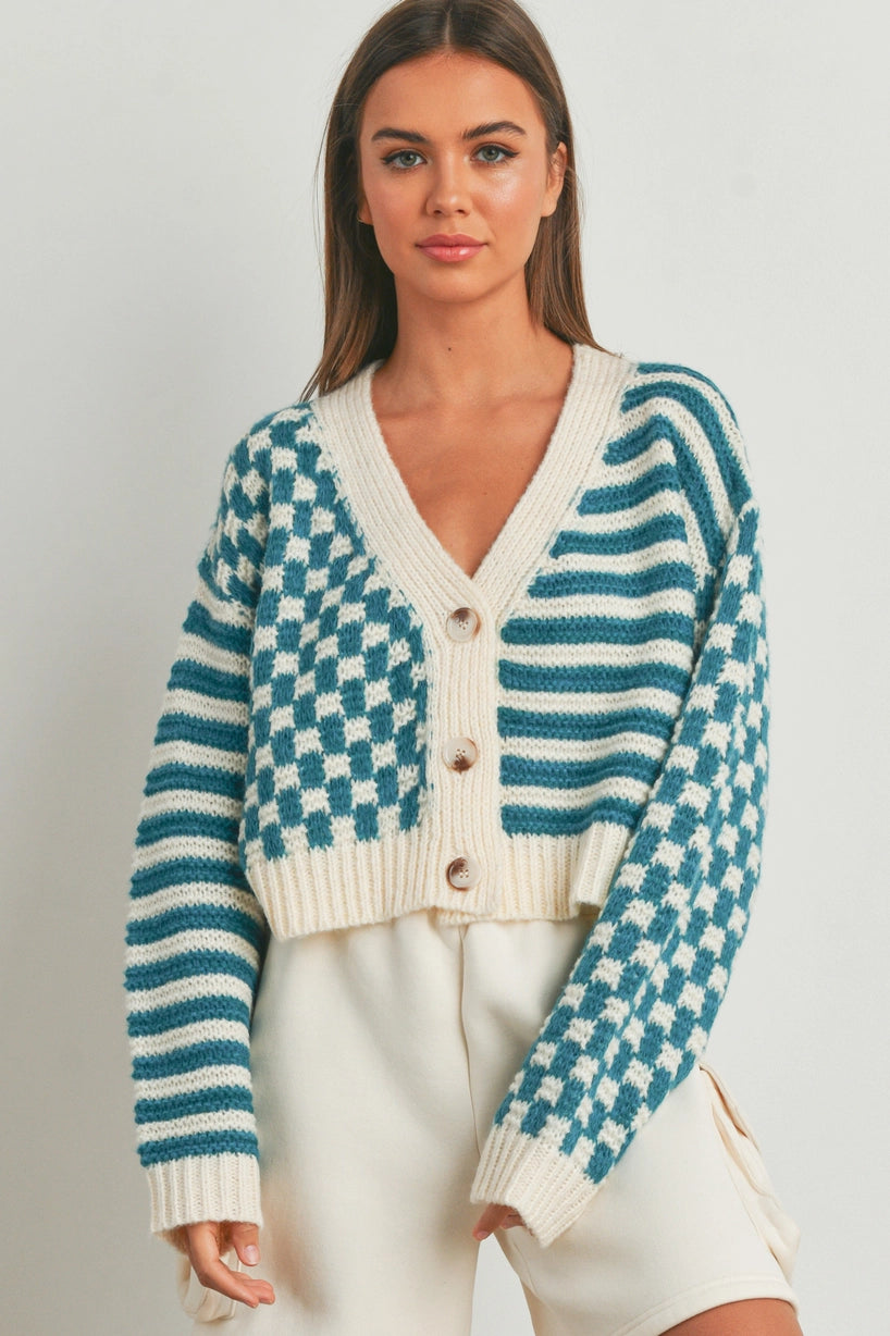 Check My Stripes Cardigan- Teal/Ivory