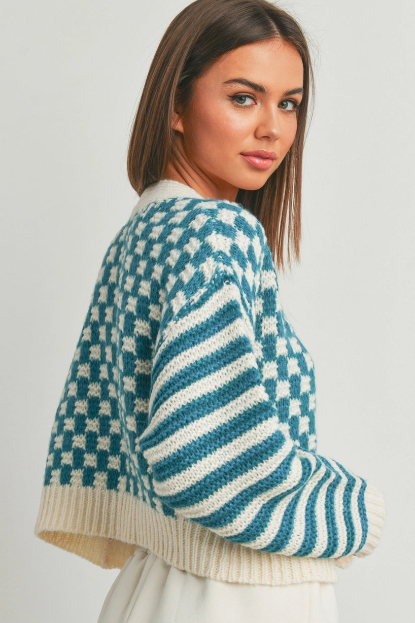 Check My Stripes Cardigan- Teal/Ivory