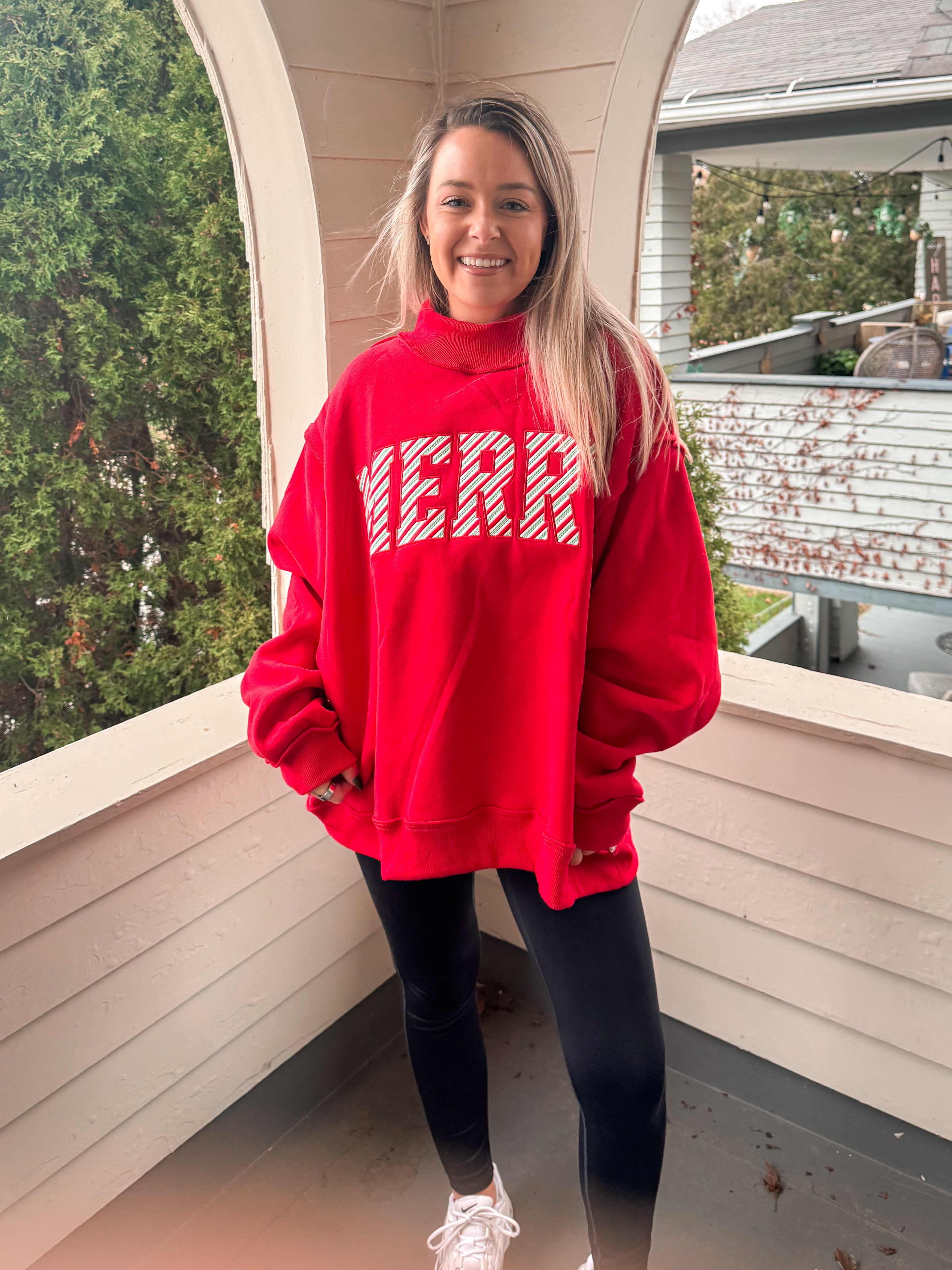 Merry Embroidered Mock Neck Sweatshirt