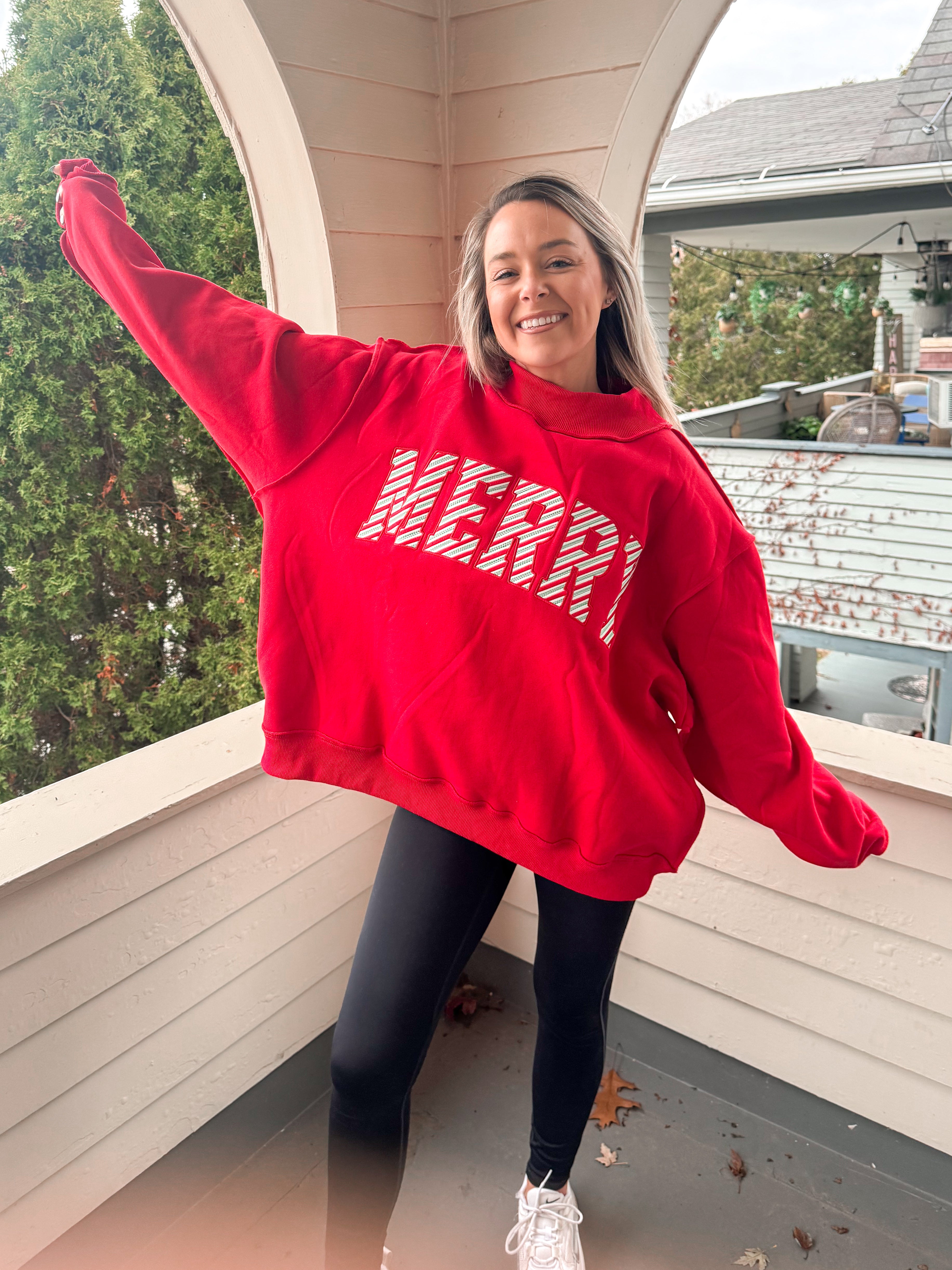 Merry Embroidered Mock Neck Sweatshirt